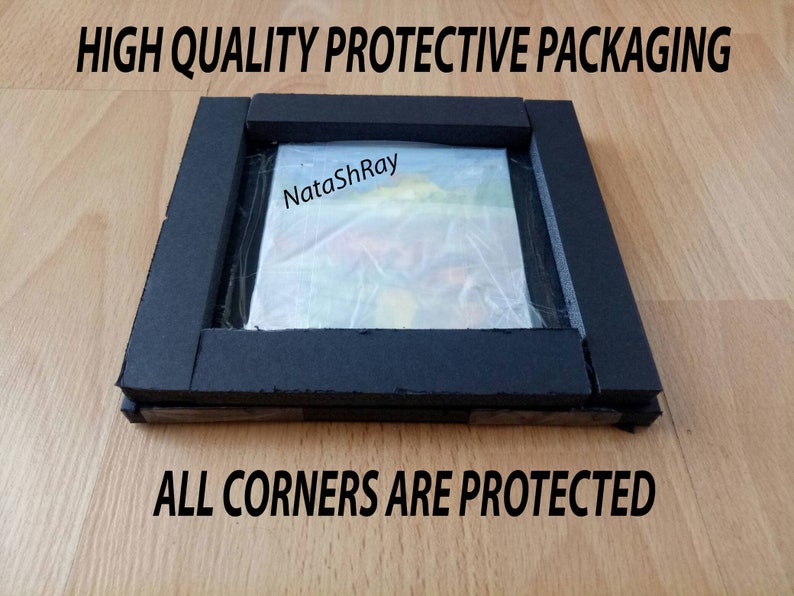 May include: A close-up of a painting protected by black foam padding. The foam is wrapped around the edges of the painting, and the text "NataShRay" is visible on the painting. The text "HIGH QUALITY PROTECTIVE PACKAGING" is at the top of the image, and the text "ALL CORNERS ARE PROTECTED" is at the bottom of the image.