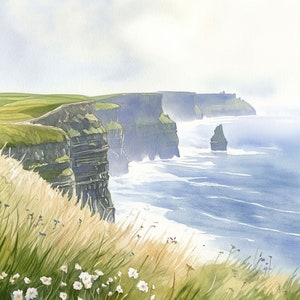 Cliffs of Moher Painting Daisy Watercolor Print Ireland Wall Art Irish Coastal Landscape Wall Decor Seascape Artwork by Nata Shray