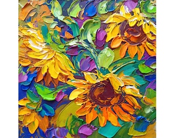 Sunflower Painting Original Art Colorful Floral Impasto Oil Textured Flowers Bold Wall Decor