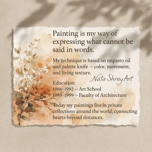 Puede incluir: Una obra de arte al estilo acuarela sobre papel texturizado con el texto "Painting is my way of expressing what cannot be said in words." La obra presenta acentos florales en tonos marrones y naranjas, con la firma del artista y detalles educativos.