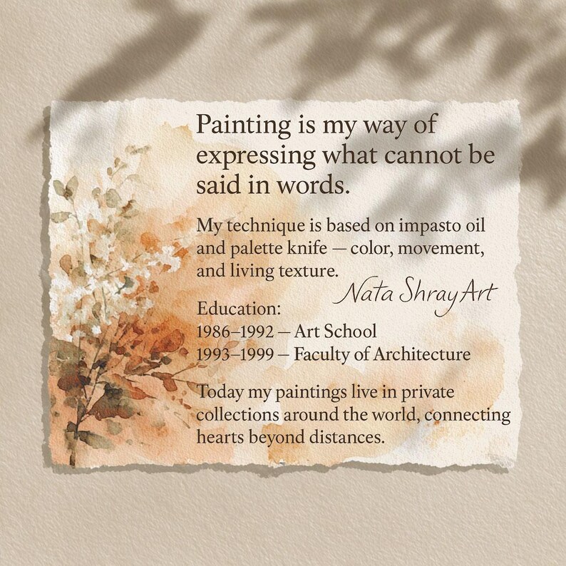 Puede incluir: Una obra de arte al estilo acuarela sobre papel texturizado con el texto "Painting is my way of expressing what cannot be said in words." La obra presenta acentos florales en tonos marrones y naranjas, con la firma del artista y detalles educativos.
