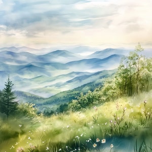 Smoky Mountains Painting Blue Ridge Watercolor Print Landscape Wall Art Travel Wall Decor Hiking Artwork by Nata Shray