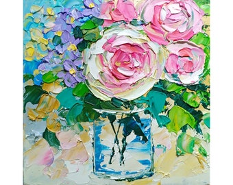 Rose Painting Hydrangea Original Art Impasto Oil Flower Artwork