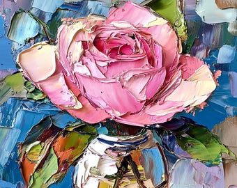 Pink Rose Oil Painting: Original Floral Impasto Small Art