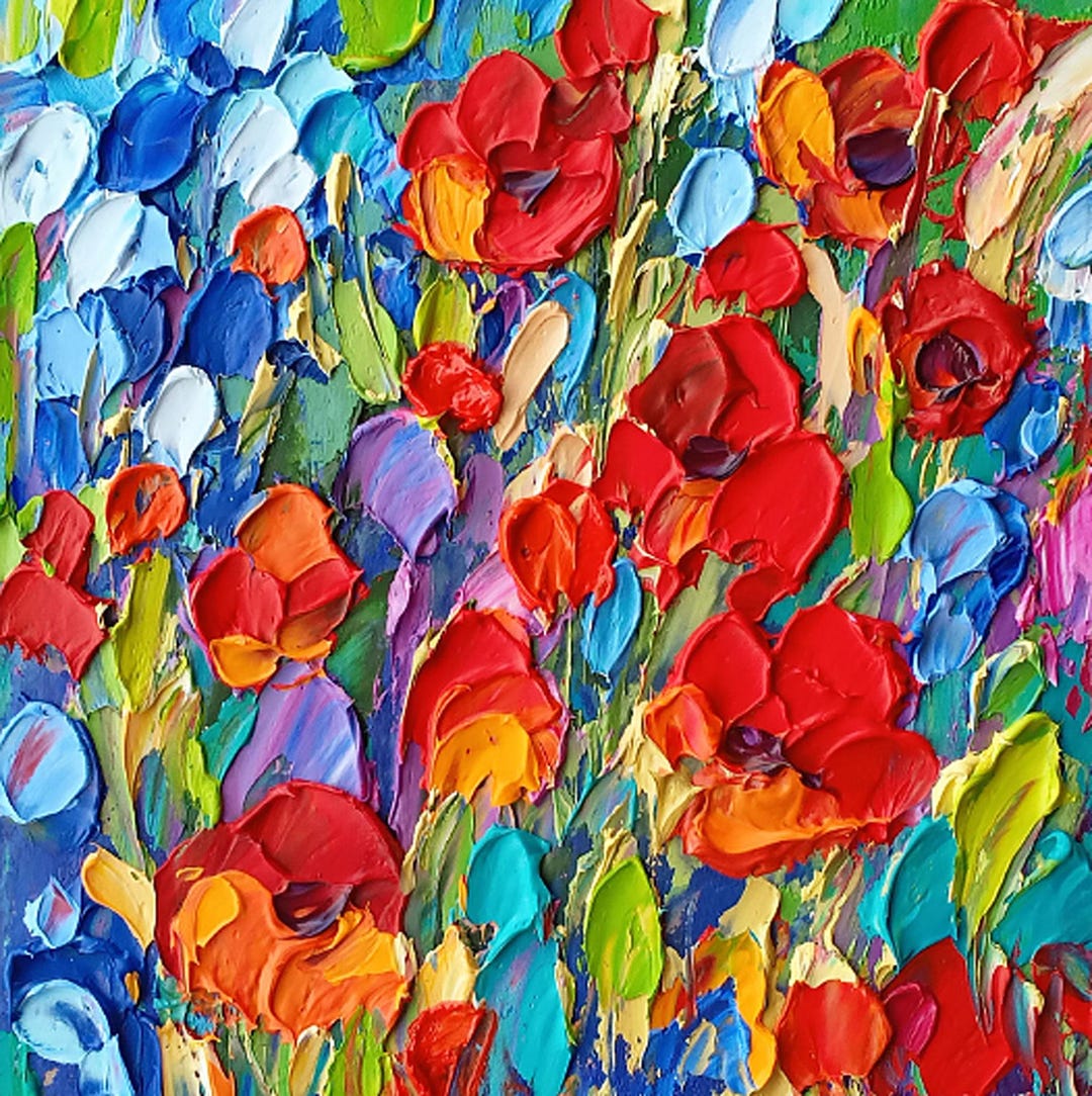 Poppy Painting Forget-me-nots Original Art Impasto Oil Painting Flower ...