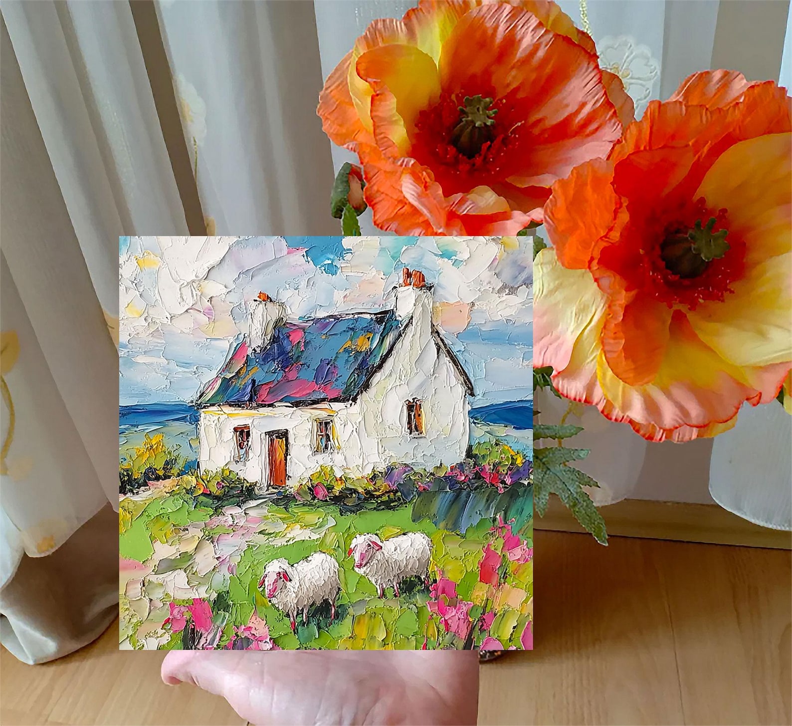 Irish Cottage Painting: Original Sheep Landscape, Impasto Oil Painting ...