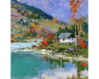Colorado Painting  Mountain Lake Original  Art Autumn Cottage Rocky Mountains Impasto Oil Landscape