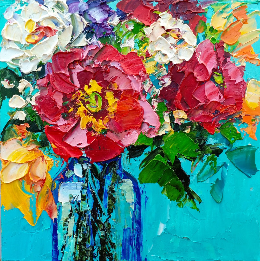 Peony Bouquet Original Oil Painting Colorful Floral Still Life Impasto ...