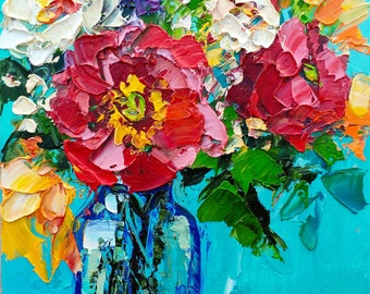 Peony Bouquet Original Oil Painting Colorful Floral Still Life Impasto Art Turquoise Wall Decor