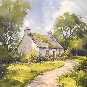Irish Countryside Painting Cottage Watercolor Print Ireland Wall Art Irish Rural Landscape Wall Decor Countryside Artwork by Nata Shray