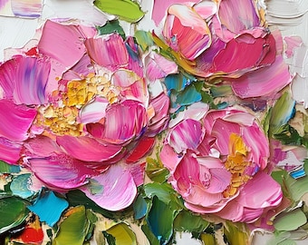Pink Peony Oil Painting: Original Impasto Floral Small Wall Art
