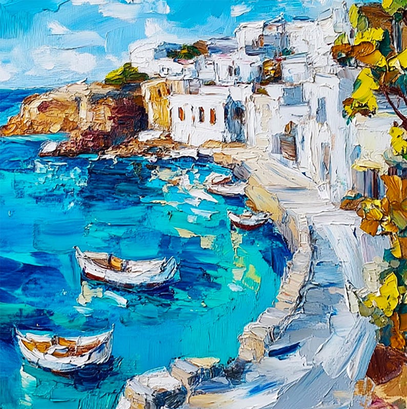 May include: A painting of a whitewashed village on a cliff overlooking a turquoise blue sea.  The village is built on a rocky hillside and has a whitewashed path leading down to the water.  There are several small boats in the water.