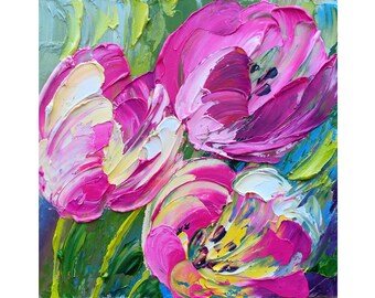 Tulip Painting Floral Original Art Flower Oil Painting Impasto Small Artwork 6х6 Tulip Waltz Nature's Elegance Impressionist Purple Art