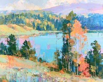 Adirondack Lake Painting Original  Art Autumn Landscape Forest Impasto Oil Painting