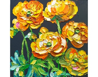 Yellow Peony Oil Painting Original Floral Art Impasto Flower Palette Knife Artwork