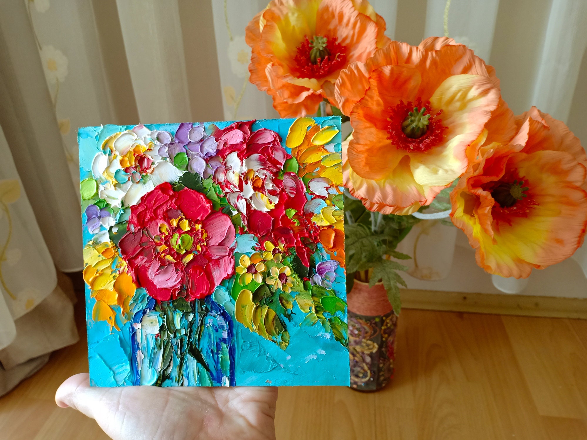 Poppy Painting Peonies Original Art Impasto Oil Artwork Small Flowers ...