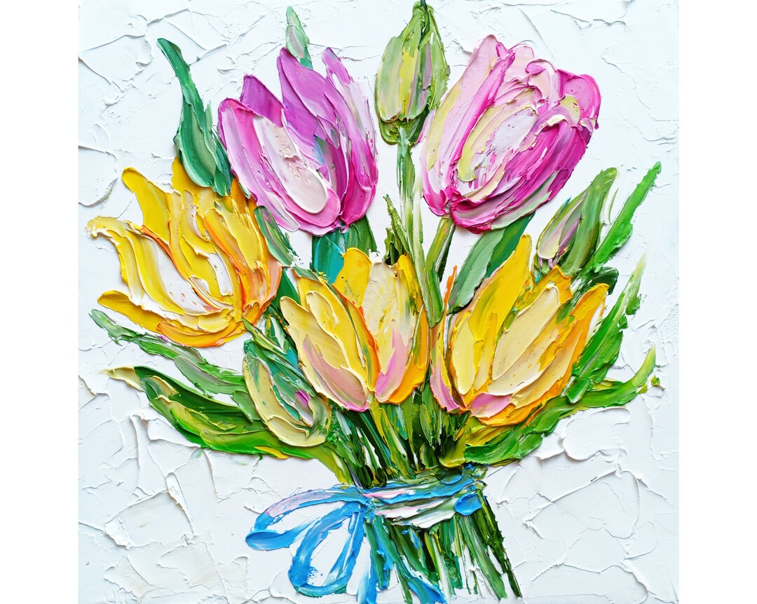 Tulip Bouquet Painting Original Art Floral Impasto Oil Textured Flowers ...