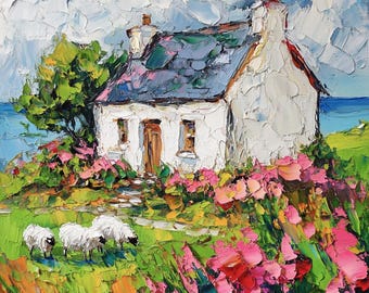 Irish Cottage Painting Original Art Impasto Oil Painting Sheep Landscape