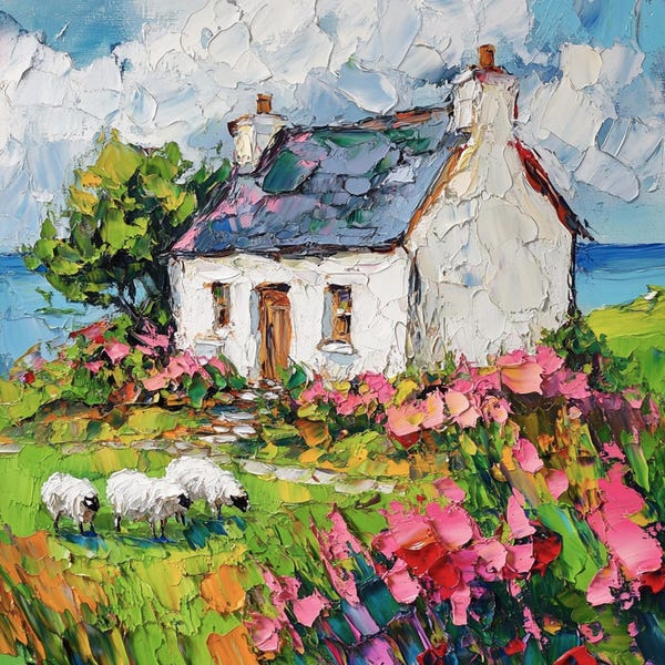 Irish Cottage Painting Original Art Impasto Oil Painting Sheep Landscape
