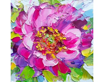 Pink Peony Painting Original Art Small Floral Impasto Oil Artwork Textured Flower