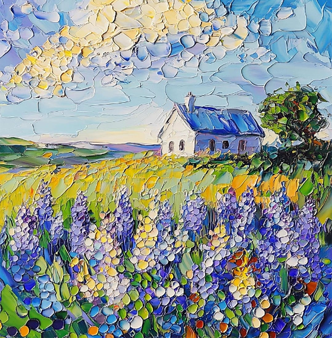 Irish Cottage Painting Original Art Impasto Oil Artwork Lupines ...