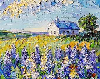 Irish Cottage Painting Original Art Impasto Oil Artwork Lupines Landscape