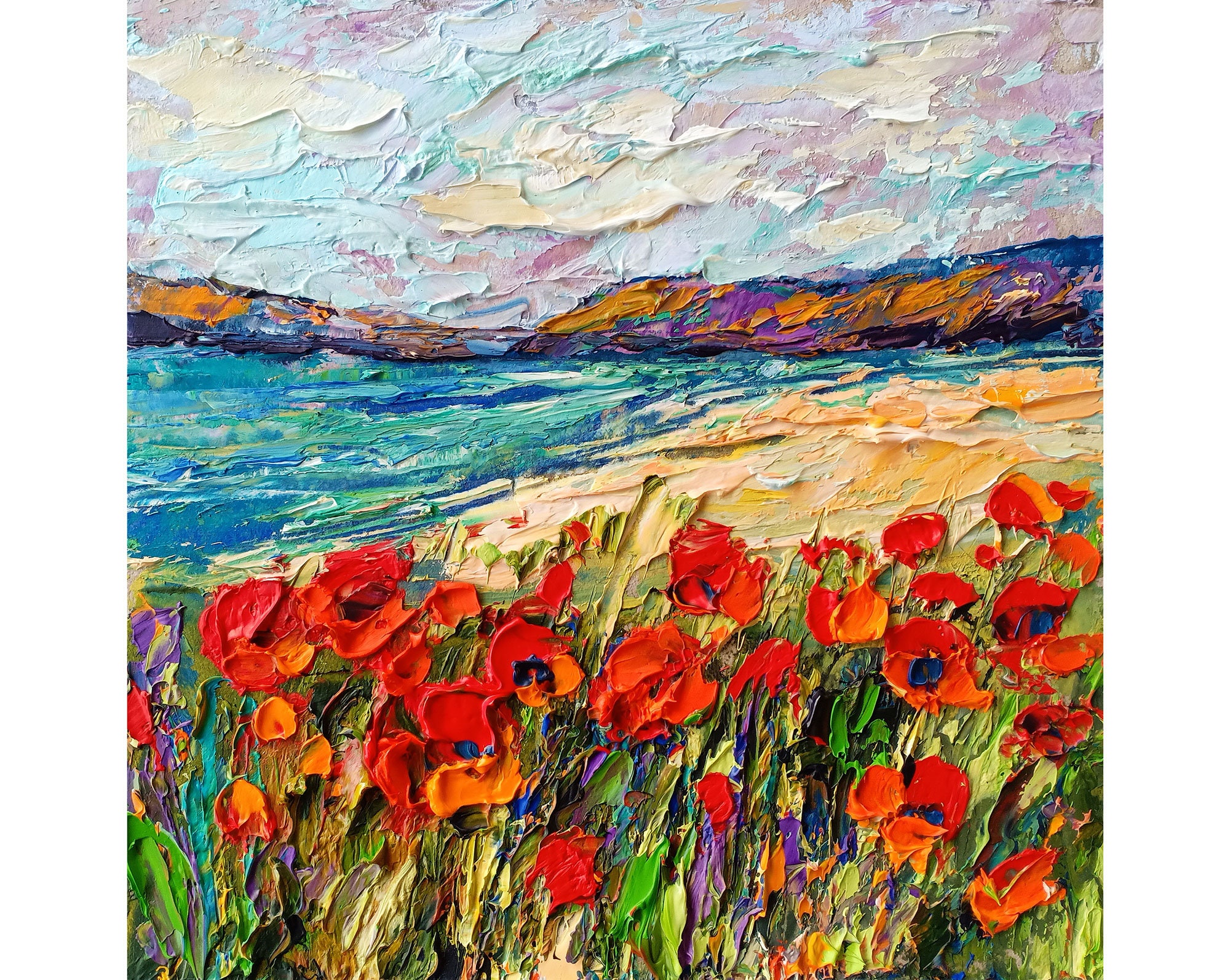 Italian Coastal Poppy Painting Original Oil Impasto Seascape ...