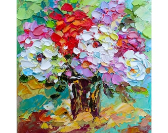 Peonies Impasto Oil Painting: Original Floral Small Wall Art
