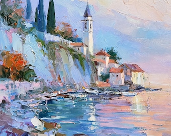 Amalfi Coast Original Oil Painting Coastal Village Seascape Mediterranean Harbor Wall Art