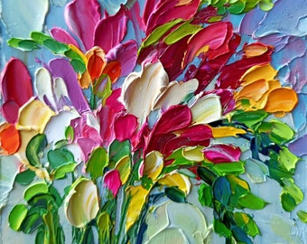 Peonies Impasto Oil Painting: Original Floral Small Wall Art