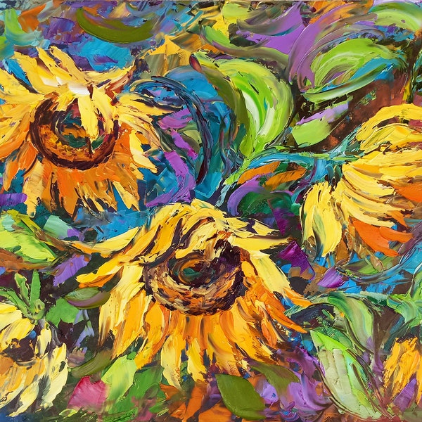 Sunflowers Painting Floral Original Art Flower Wall Art Impasto Oil Painting Above Sofa Art by Natalia Shiriaeva
