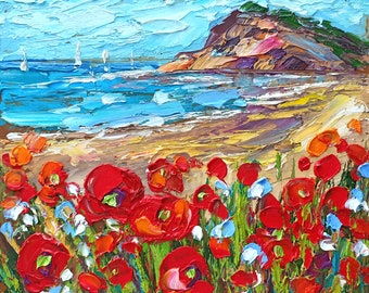 Coastal Poppy Painting Original Oil Seascape Art Beach Landscape Impasto Artwork