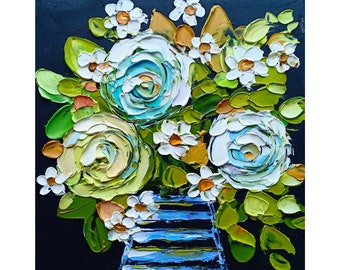 Roses Oil Painting Original Art Impasto Floral Bouquet in Vase