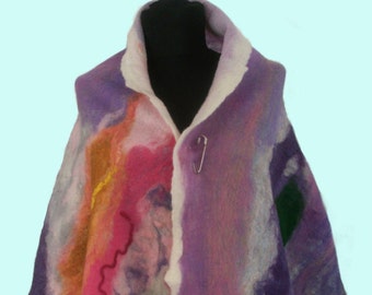 Multicolor Blanket wrap, Merino wool scarf Womens cape Wool wrap Nuno felted Poncho   shawl Wet felted   cape Felt cape