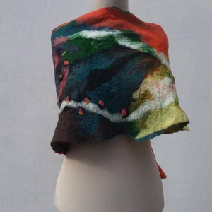 Splashy and colorful felted wool scarf, nuno and wet felted from quality merino wool, Great lightweight handmade scarf for mother gift. image 3