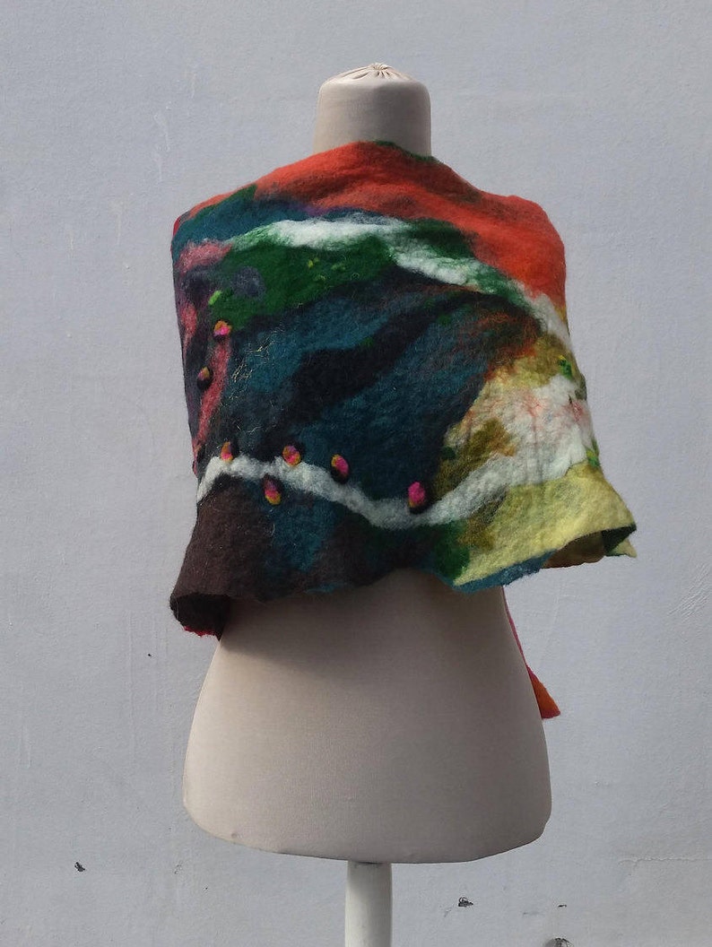 Splashy and colorful felted wool scarf, nuno and wet felted from quality merino wool, Great lightweight handmade scarf for mother gift. image 3