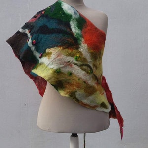 Splashy and colorful felted wool scarf, nuno and wet felted from quality merino wool, Great lightweight handmade scarf for mother gift. image 4