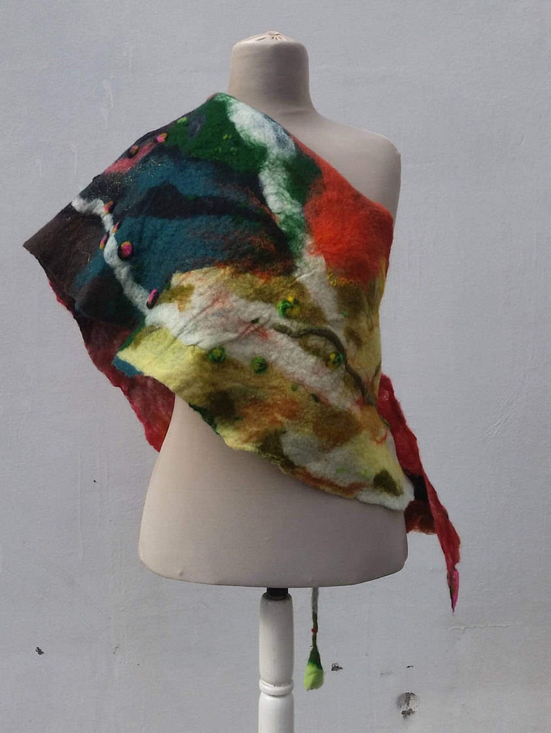 Splashy and colorful felted wool scarf, nuno and wet felted from quality merino wool, Great lightweight handmade scarf for mother gift. image 4