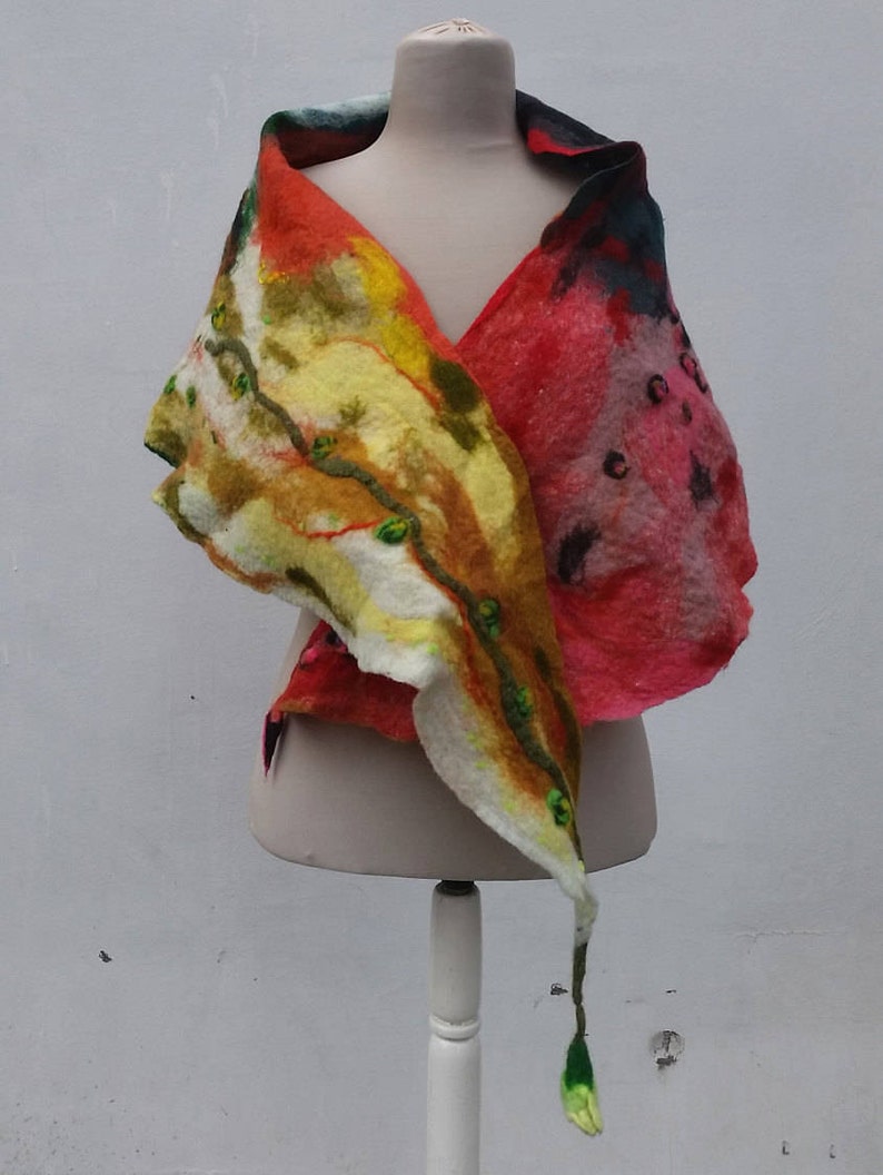 Splashy and colorful felted wool scarf, nuno and wet felted from quality merino wool, Great lightweight handmade scarf for mother gift. image 1