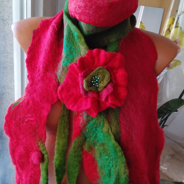 Felted scarf, Felt  scarf, Wool scarf, merino scarf, Flowers scarf, Felt scarf with leaves, Handmade shawl, Red and green scarf,   scarf