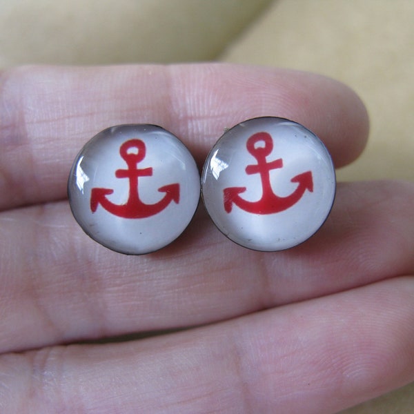 A Pair of 13mm Vintage Red Anchor Hooks Ear Studs Earrings