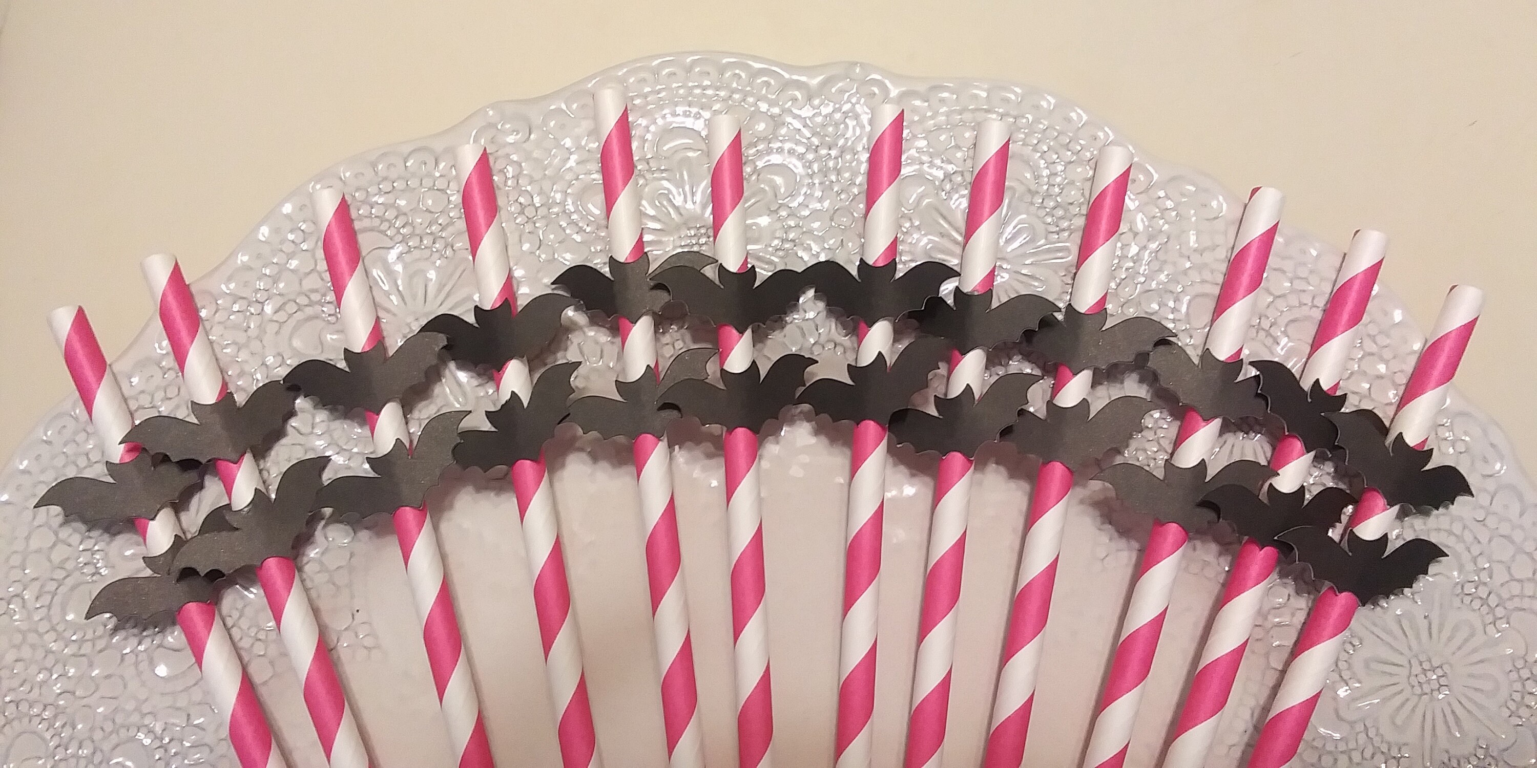 HOT PINK Straws, Hot Pink Party Straws, Set of 6 or 12 Black Bats on ...