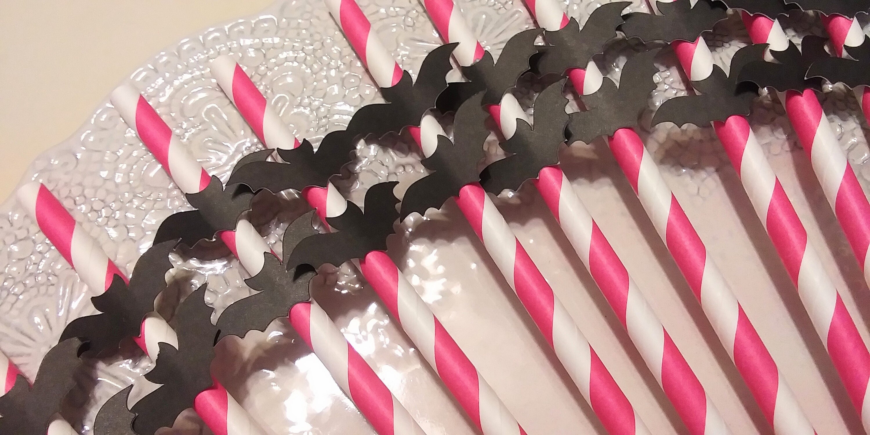 HOT PINK Straws, Hot Pink Party Straws, Set of 6 or 12 Black Bats on ...