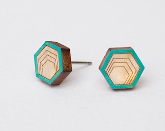 Wood Stud Earrings, Hexagon Stud Earrings, Wooden Stud Earrings, Simple Stud Earrings, wood post earrings, men earrings