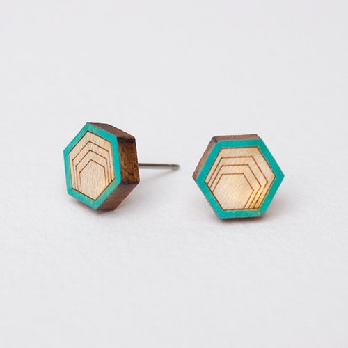 Wood Stud Earrings Hexagon Stud Earrings Wooden Stud Etsy