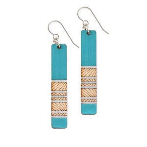 Wood Earrings, long geometric Earrings, Laser Cut Earrings Blue