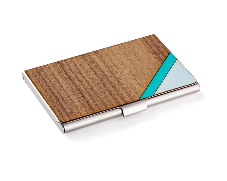 card case, credit card case, business card case, free engraving, wooden card case, credit card wallet, card holder, card wallet, wood wallet Teal / Walnut