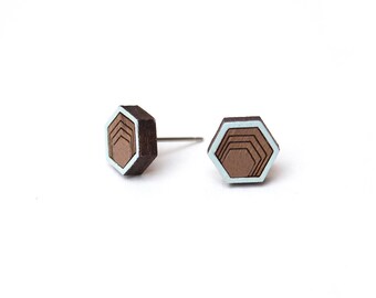 Hexagon studs, Wooden Earrings, Stud Earrings, Men's earrings, geometric earrings, girlfriend gift, wood anniversary, boyfriend gift