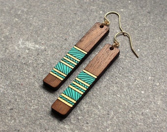 wood earrings, Teal earrings, Lines Earrings, Wood jewelry, geometric Earrings, painted Earrings, Gift for girlfriend, gift for her under 50