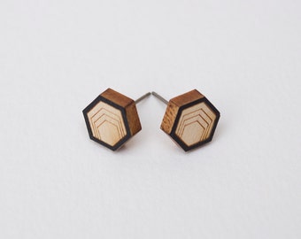 Hexagon Stud Earrings, Hexagon Earrings, Wood Earrings, small stud Earrings, Wood Studs, minimalist earrings, men's studs, men's earrings